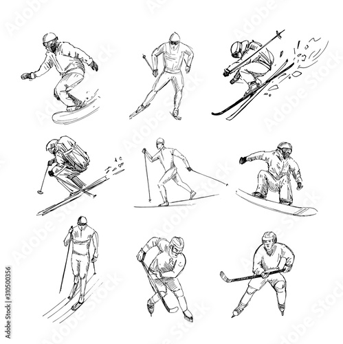 Winter sports. Snowboarder, skier, hockey player. Set of black outlines with transparent background