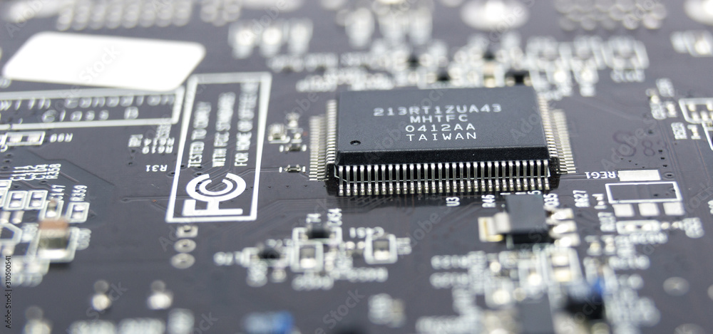 Modern printed circuit board, electronic circuit board, textolite. Background banner. Mother board, macro. Modern printed circuit board, electronic circuit board, textolite. Background banner. Mother board, macro.