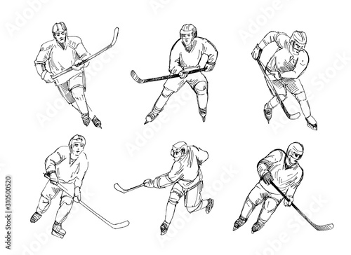 Hockey players. Set of fast sketches. Vector outline with transparent background.
