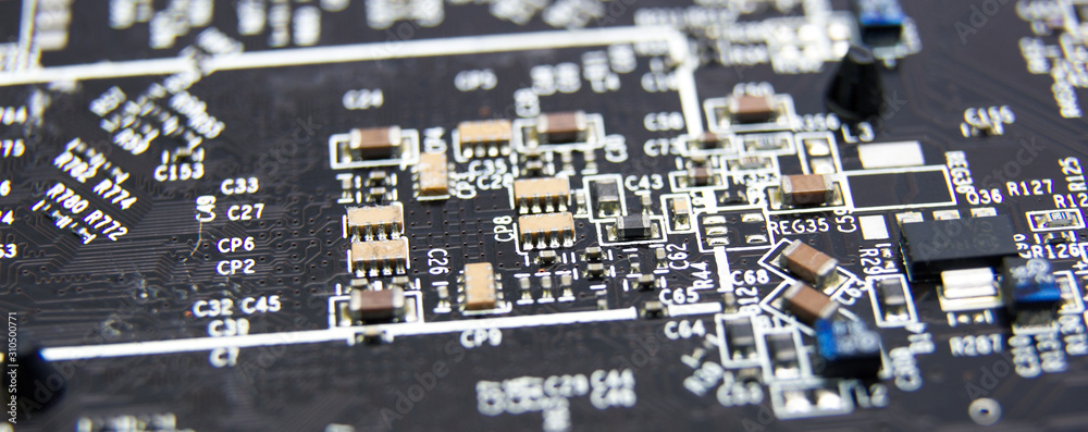 Modern printed circuit board, electronic circuit board, textolite. Background banner. Mother board, macro. Modern printed circuit board, electronic circuit board, textolite. Background banner. Mother board, macro.