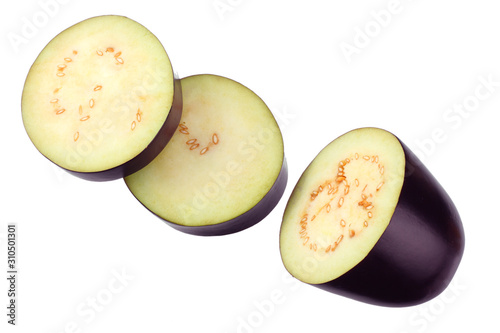 fresh sliced eggplant isolated on white background. top view