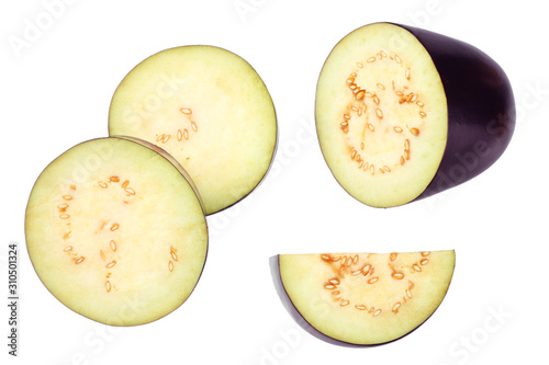 fresh sliced eggplant isolated on white background. top view