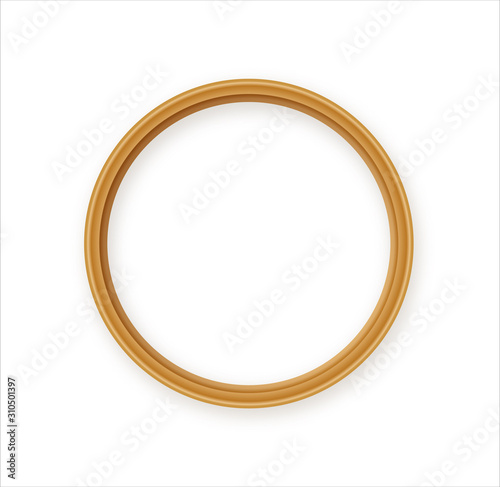 Golden wood frame round geometric 3d object isolated on white background. Vector realistic object 10 EPS