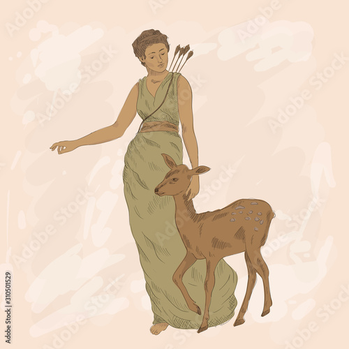 The ancient Greek goddess of hunting Artemis in a tunic with arrows behind his back is standing next to a small deer.
