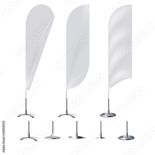 Realistic banner flag 3d mockup on white backdrop.