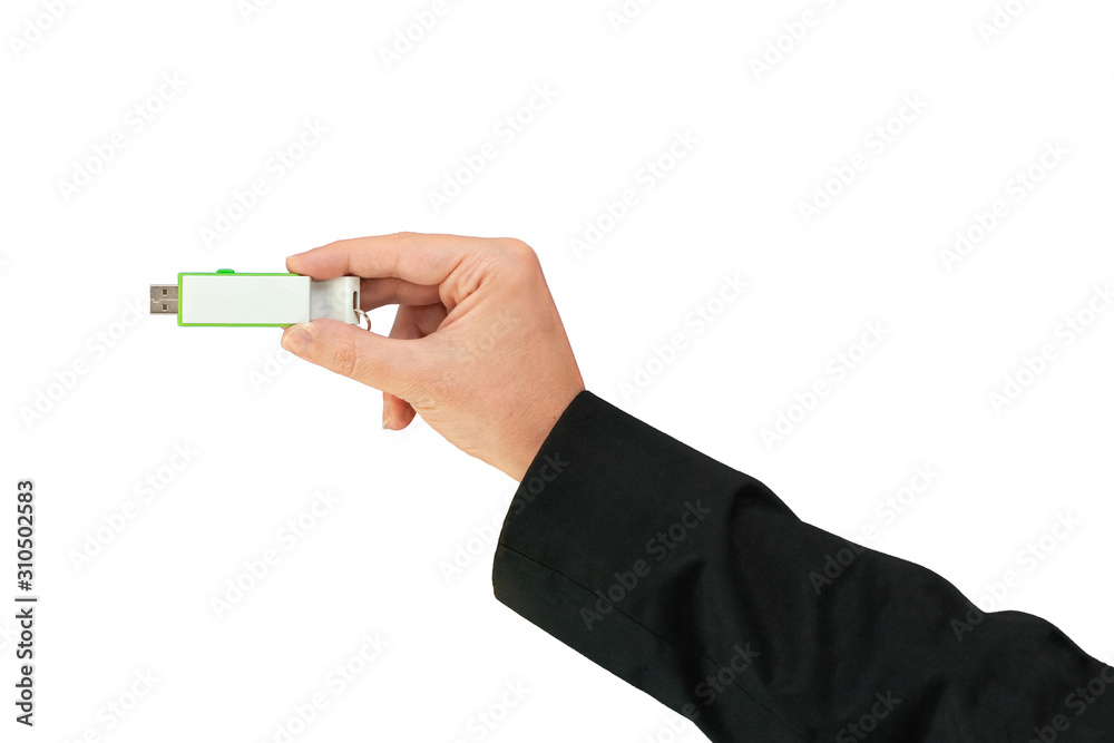 Fototapeta premium Green memory stick on hand with white background