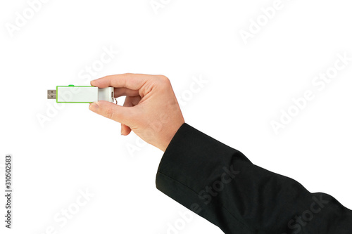 Green memory stick on hand with white background