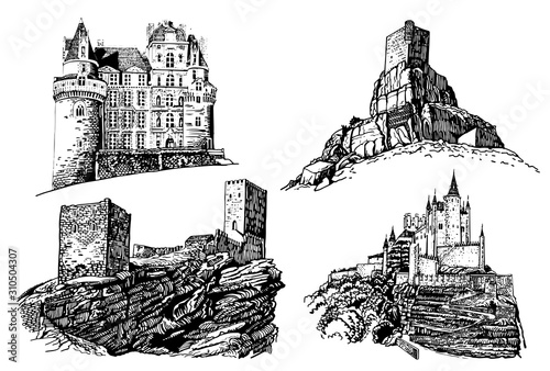 Graphical set of castles isolated on white background,vector illustration,architecture