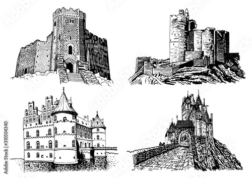 Graphical set of castles isolated on white background,vector illustration,architecture