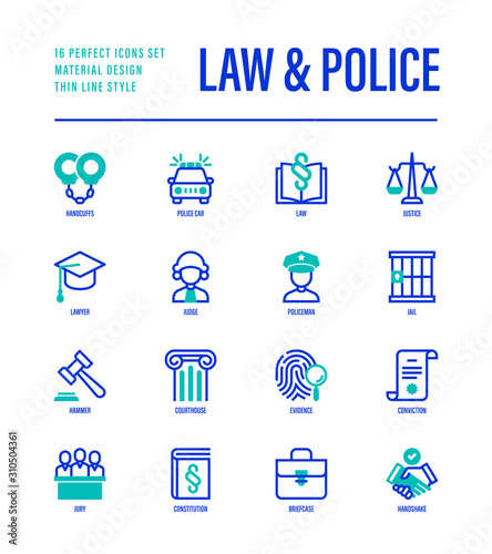 Law and police set. Policeman, judge, prosecutor, lawyer, court, prison, fingerprint, conviction, evidence flat line icons. Vector illustration.