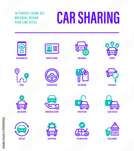 Car sharing set. Mobile app on smartphone, driver license, toute, key, car inspection, route, open and close car, sync thin line icons. Vector illustration.