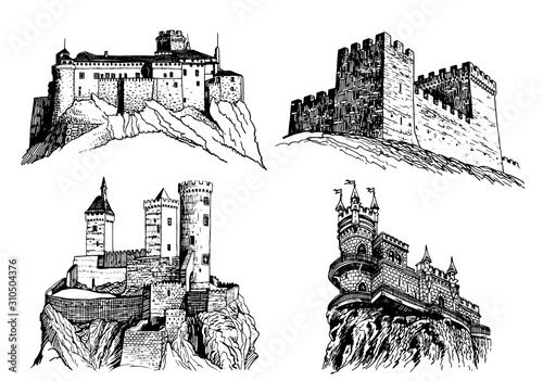 Graphical set of castles isolated on white background,vector illustration,architecture