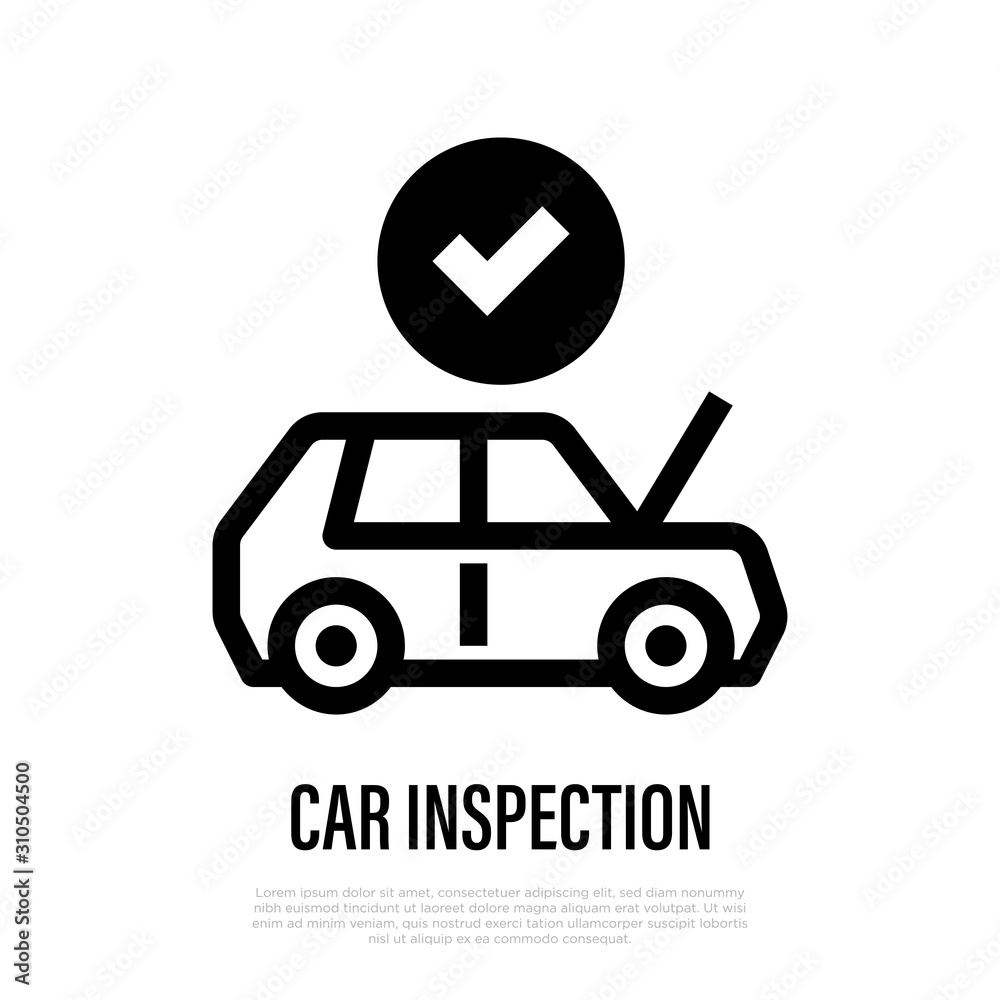 Car inspection thin line icon: car with opened hood and check mark above.  Vector illustration for car service. Stock Vector | Adobe Stock