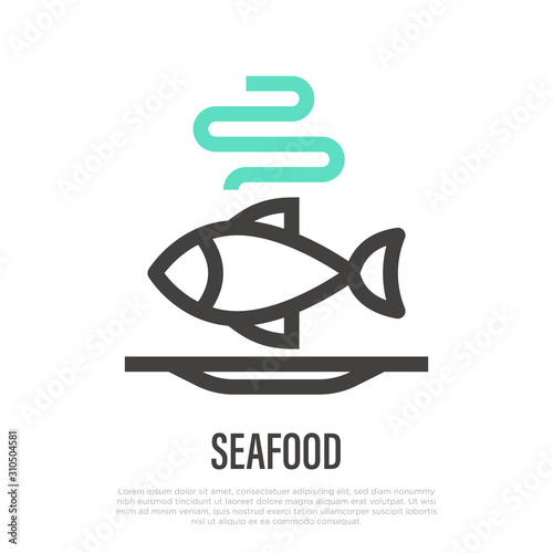 Fototapeta Naklejka Na Ścianę i Meble -  Seafood thin line icon: fish on plate. Modern vector illustration for logo.