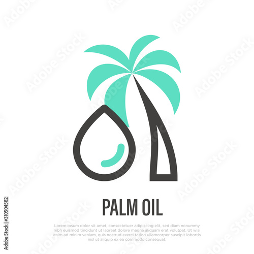 Palm oil thin line icon: palm tree and drop of oil. Vector illustration for packaging.
