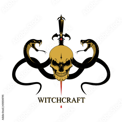 Vector image of a skull with snakes and a dagger. Image on a black background.