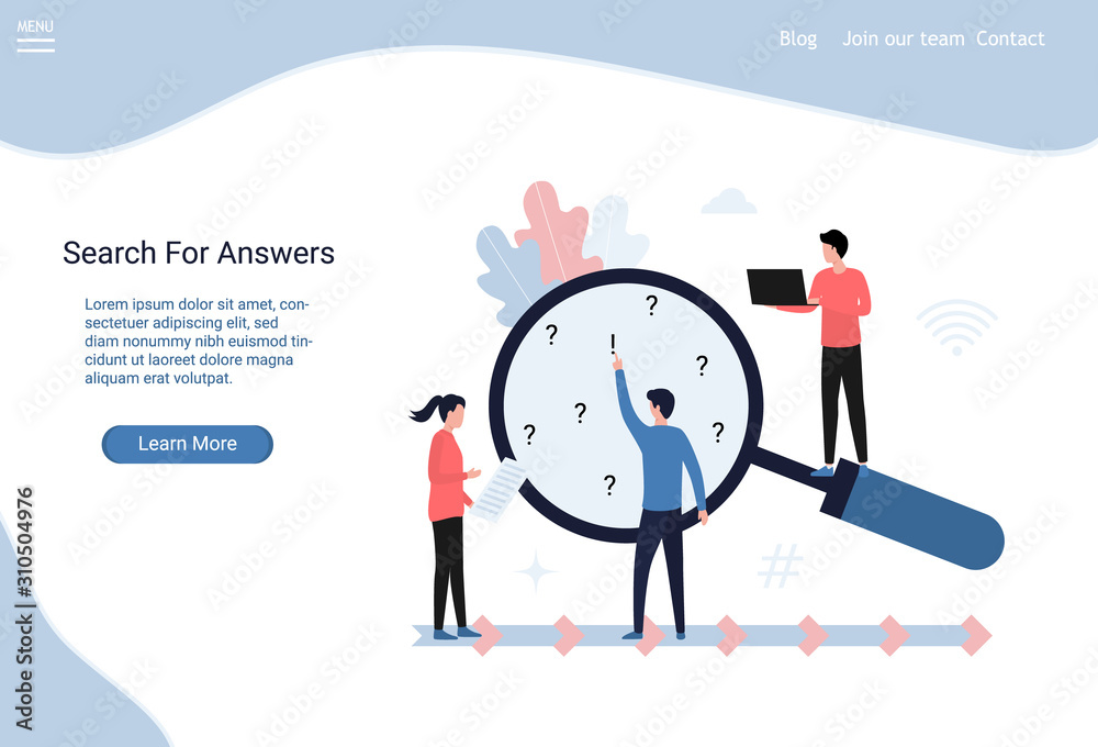Web page Search for answers. Young employees ask questions and answer them. Seo promotion, research, marketing, analytics, data collection and business development strategy. Flat vector illustration. Web page Search for answers. Young employees ask questions and answer them. Seo promotion, research, marketing, analytics, data collection and business development strategy. Flat vector illustration.