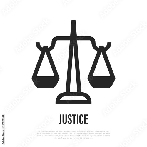 Justice thin line icon. Balanced scales. Vector illustration of equality.