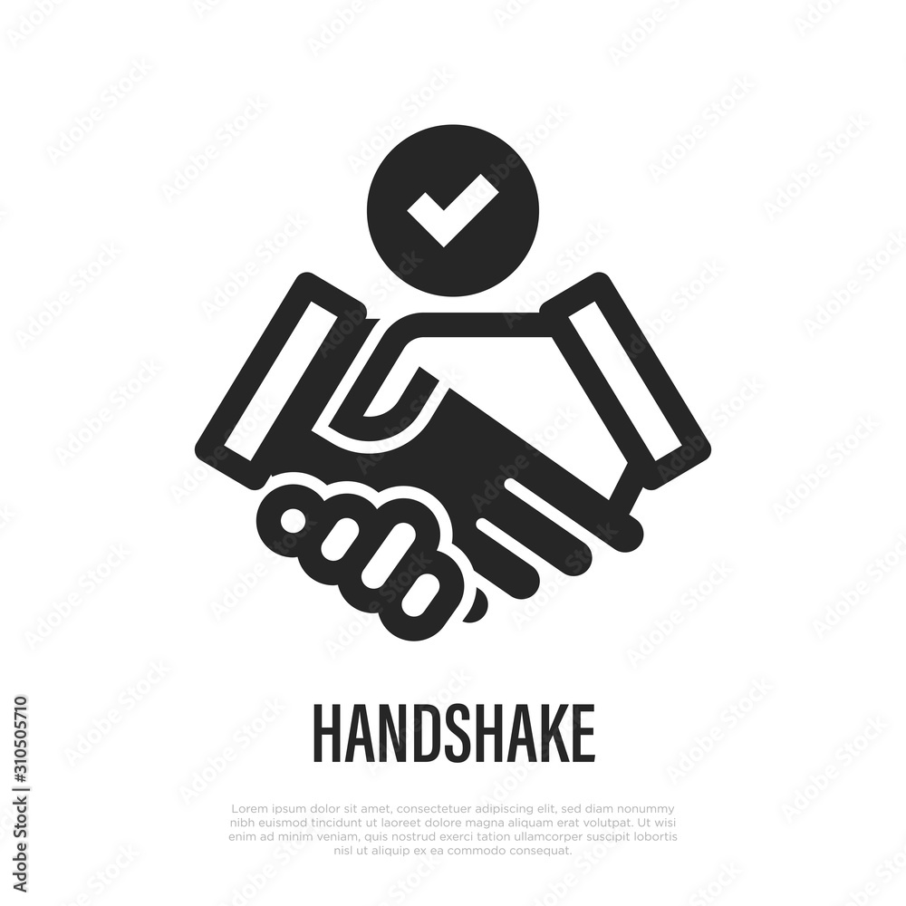 Handshake with check mark thin line icon. Symbol of deal, contract, resolution. Vector illustration.