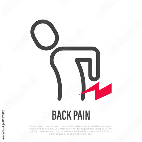 Back pain thin line icon: man is touching his back. Vector illustration.