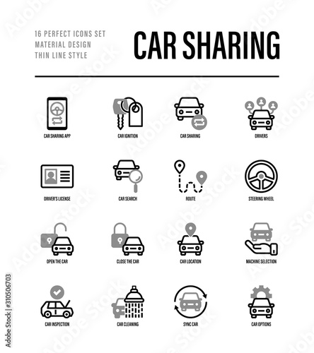 Car sharing set. Mobile app on smartphone, driver license, toute, key, car inspection, route, open and close car, sync thin line icons. Vector illustration.