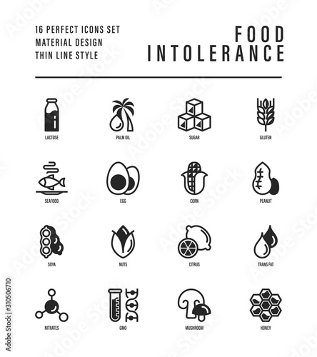 Food intolerance thin line icons set. Symbols of lactose, egg, gluten, corn, seafood, palm oil, peanut, trans fat, citrus, GMO, honey, mushroom. Vector illustration