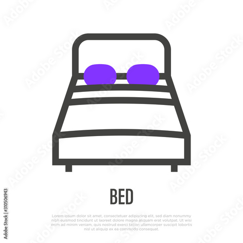 Comfortable bed with two pillows thin line icon. Symbol of hotel or guest house. Vector illustraiton.