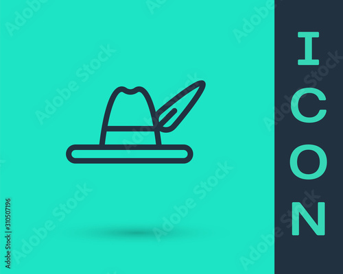 Black line Oktoberfest hat icon isolated on green background. Hunter hat with feather. German hat. Vector Illustration