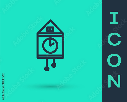 Black line Retro wall watch icon isolated on green background. Cuckoo clock sign. Antique pendulum clock. Vector Illustration