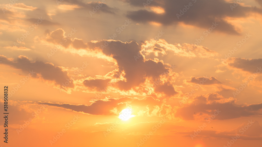 Beautiful incredible orange sunset, sunrise with the rays of the bright warming sun with large air cirrus clouds and birds flying in the distance. Summer peaceful landscape, the awakening of nature