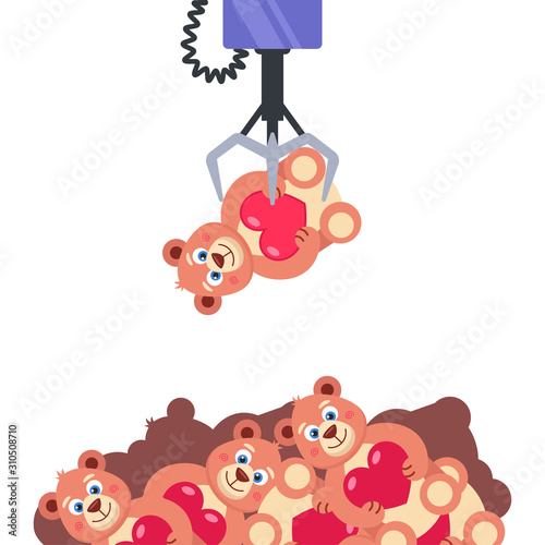 slot machine with toys. hold the toy crochet. get the coveted prize. flat vector illustration.