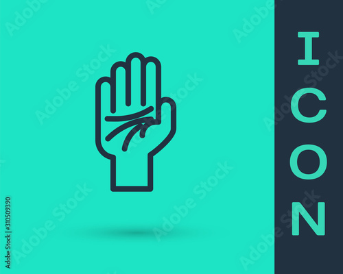 Black line Palmistry of the hand icon isolated on green background. Vector Illustration