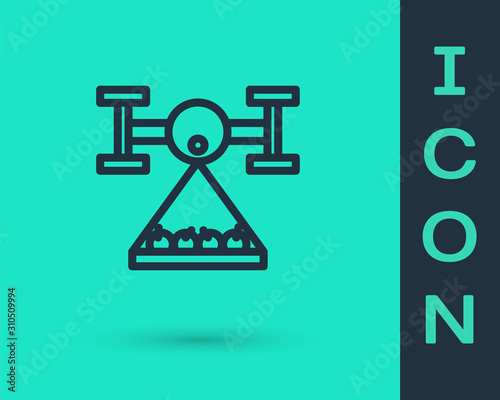 Black line Smart farm with drone control collects harvest icon isolated on green background. Innovation technology for agricultural company. Vector Illustration
