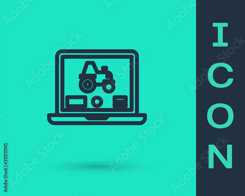 Black line Laptop application for control a autonomous tractor on a smart farm icon isolated on green background. Smart agriculture implement. Vector Illustration