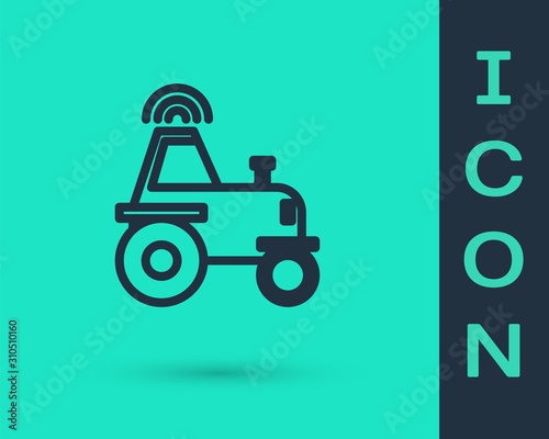 Black line Self driving wireless tractor on a smart farm icon isolated on green background. Smart agriculture implement element. Vector Illustration