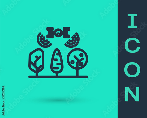 Black line Smart farm with drone control and tree icon isolated on green background. Innovation technology for agricultural company. Vector Illustration