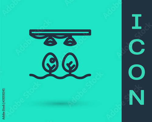 Black line Smart farm with light bulb and plant symbol icon isolated on green background. Vector Illustration
