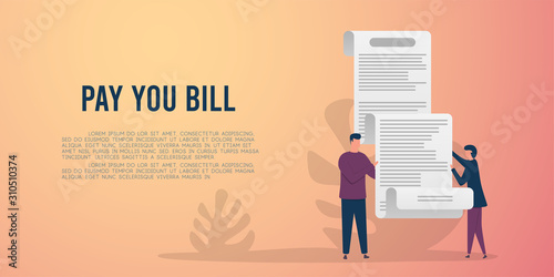 Receipt bill and people with paper invoice, design template, flat vector illustration
