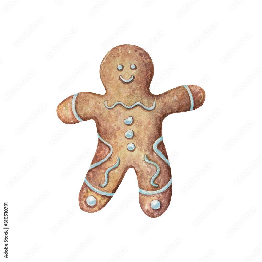 Watercolor illustration of a gingerbread man with icing on a white background. Children's illustration in cartoon style for the new year Watercolor illustration of a gingerbread man with icing on a white background. Children's illustration in cartoon style for the new year