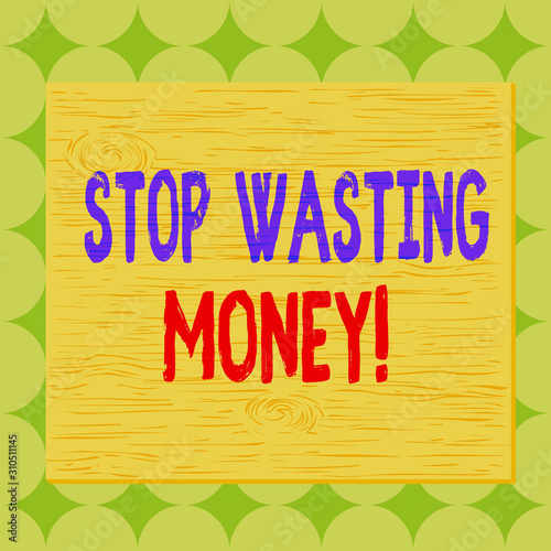 Conceptual hand writing showing Stop Wasting Money. Concept meaning advicing demonstrating or group to start saving and use it wisely Square rectangle unreal cartoon wood on the coloured wall