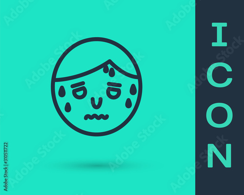 Black line Man with excessive sweating icon isolated on green background. Vector Illustration
