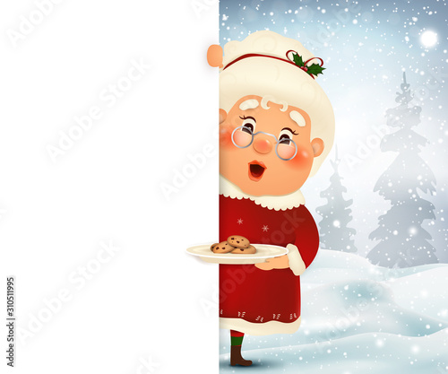 Happy Mrs. Claus cartoon character standing behind a blank sign with cookies, showing on big blank sign with falling snow. Cute, cheerful Mrs. Claus with white copy space. vector illustration