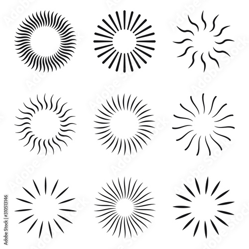 Starburst and sunburst radial effect set with different style for decorative design isolated on white background. vector illustration
