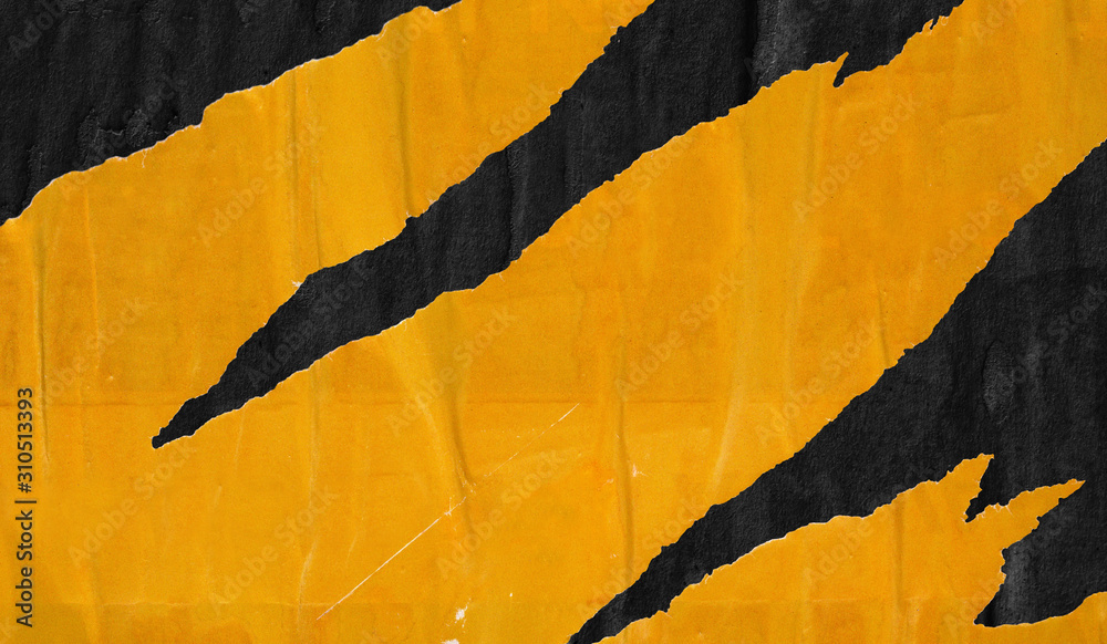 Old blank yellow black ripped torn posters grunge texture background creased crumpled paper backdrop placard surface / Empty space for text