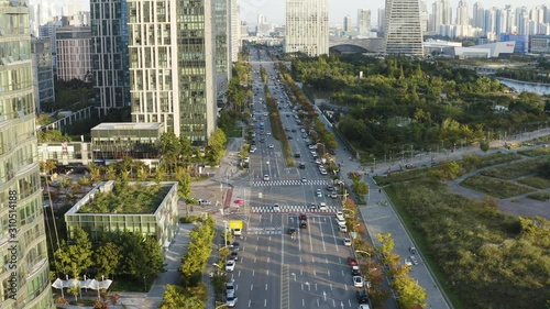 Incheon, South Korea 12 October 2019: 4K Aerial Drone Footage View of Central Park in Songdo.. photo