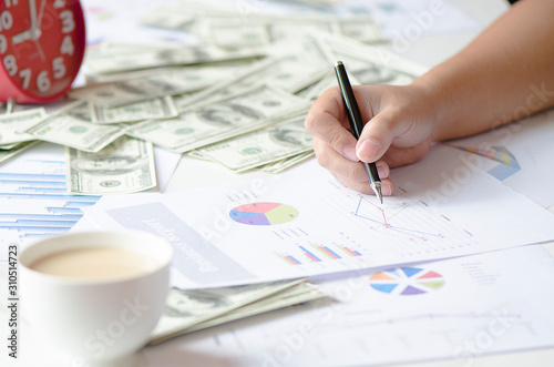 stock graph report with pen and money,clock,coffee