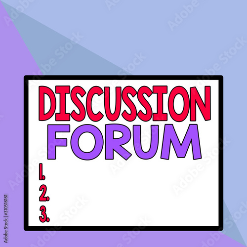Text sign showing Discussion Forum. Business photo text section of a website that is used for public discussion Front close up view big blank rectangle abstract geometrical background