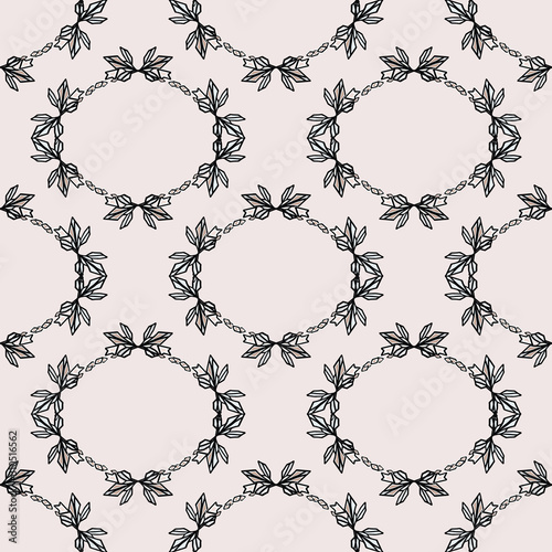 Vintage Art Deco Oval Wreath Motif Vector Seamless Pattern. Stylised 1920s style Geometric Flourish Damask Background. Hand Drawn Ornate Classic Decor Textile. Ornament Flourish All Over Print Eps 10