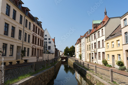 Muehlengrube River with St. Nicholas Church, Wismar, Mecklenburg-Western Pomerania, Germany