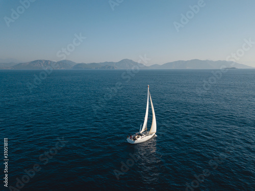 Aerial view of sailing in the open sea in Turkey